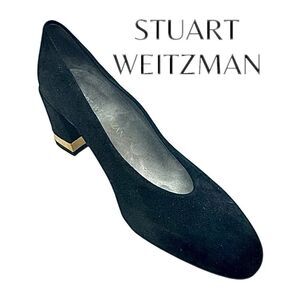 Stuart Weitzman Black Suede Block Heel Pumps Gold Accent Women’s Size 6.5